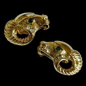 Vintage Signed KJL For Avon Goldtone Ram’s Head Clip Earrings With Rhinestones